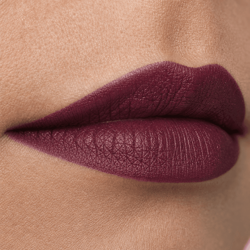 Gros plan d’une bouche portant la teinte Prune, la couleur rendue fidèlement.